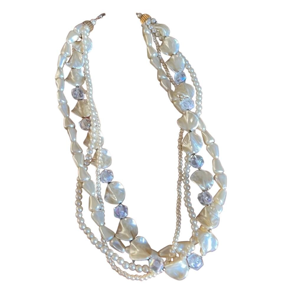 Cream Ivory Faux Pearl and Beads 4 Strand Necklace